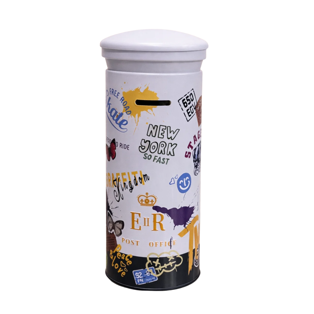 Urban Graffiti Metal Money Bank – Cylindrical Coin Saving Box with Slot Lid | Travel & Street Art Print Piggy Bank | Reusable Coin Storage for Kids, Teens & Adults