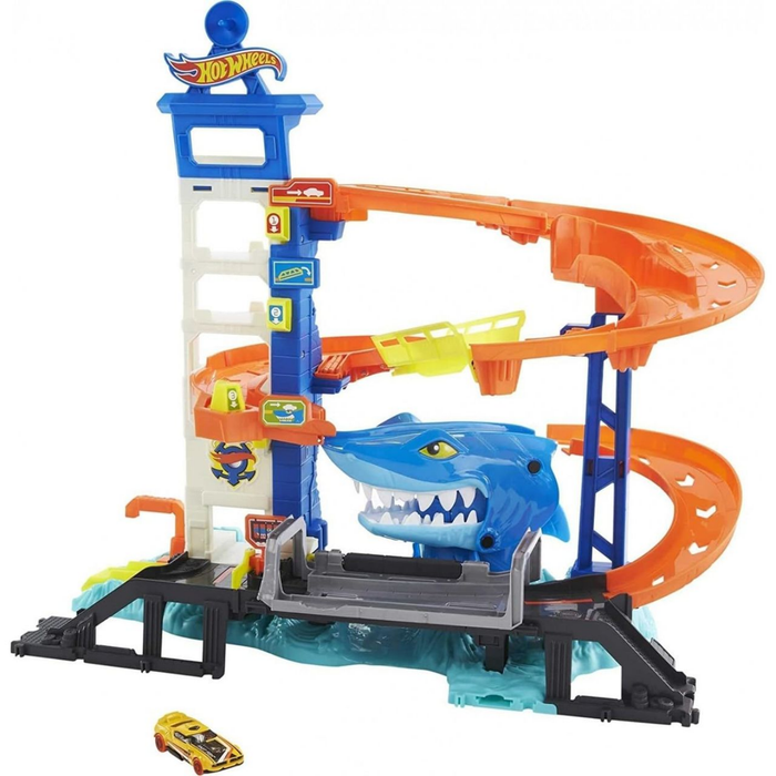 Hot Wheels City Shark Escape Track Set with 1:64 Car – Multi-Level Parking Garage Playset with Shark Attack Challenge