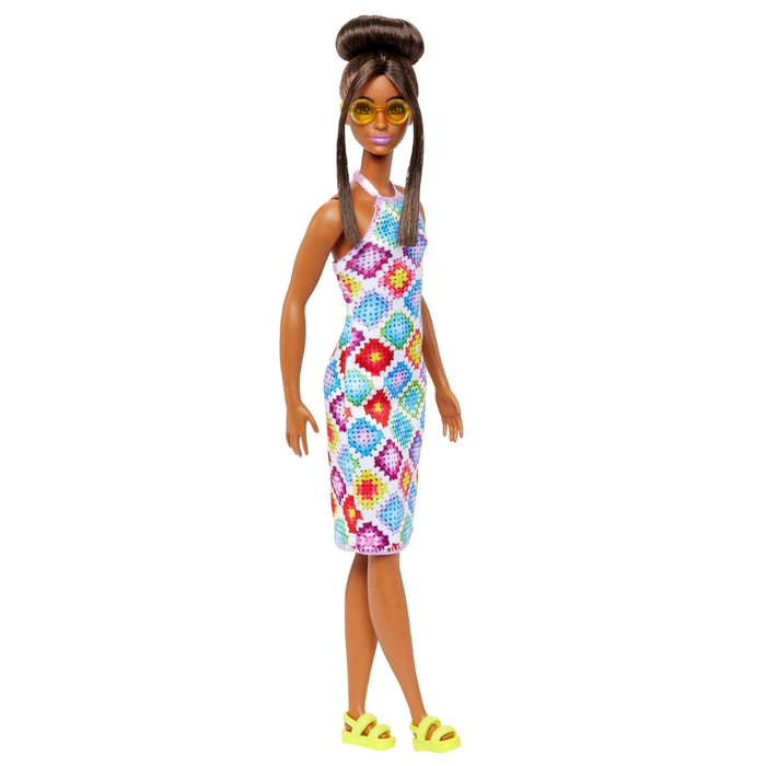 Barbie®️ Fashionistas™️ Doll #210 with Brown Hair in Bun, Wearing Colorful Crochet Halter Dress, Sunglasses and Sandals