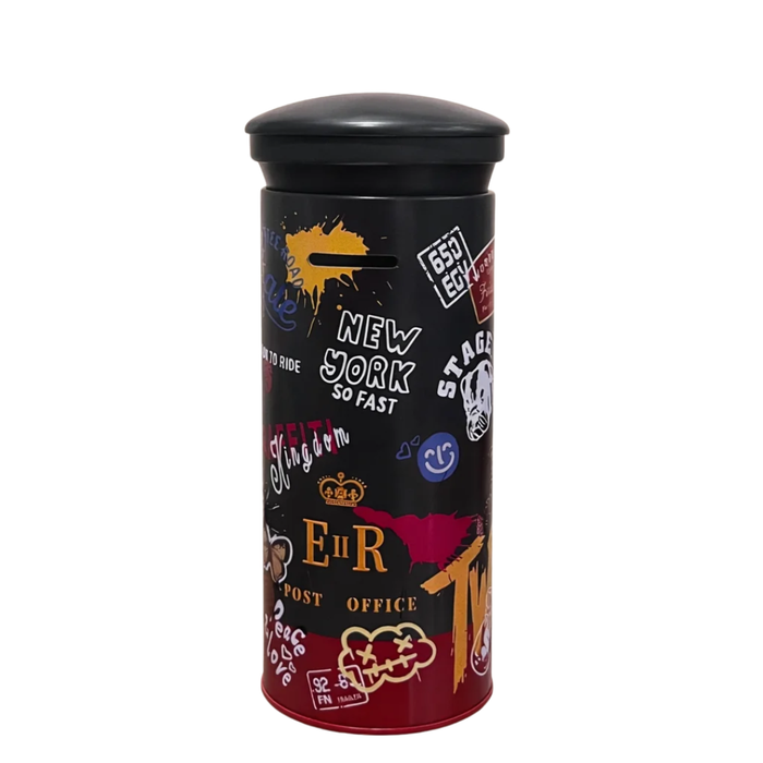 Urban Graffiti Metal Money Bank – Cylindrical Coin Saving Box with Slot Lid | Travel & Street Art Print Piggy Bank | Reusable Coin Storage for Kids, Teens & Adults