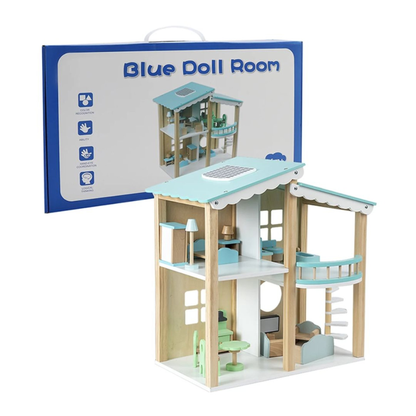 Doll House Blue Doll Room Wooden Dollhouse Playset