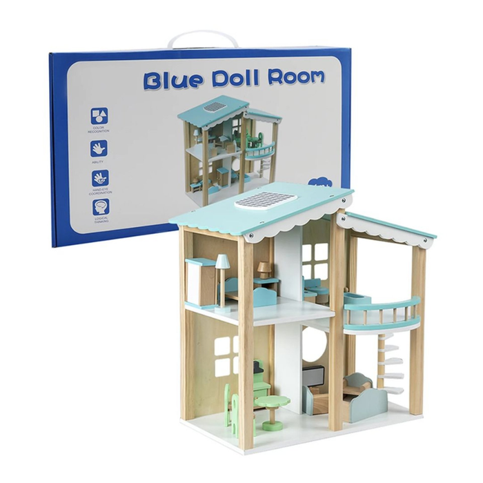 Doll House Blue Doll Room Wooden Dollhouse Playset