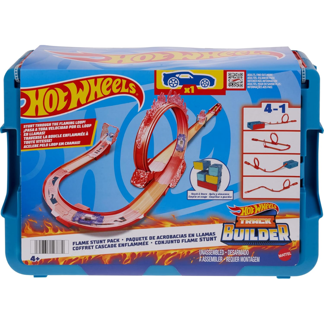 Hot Wheels®️ Flame Stunt Pack, Fire-Themed Track Set & 1 Hot Wheels®️ Car, 16 Track-Building and Stunting Components in Stackable Toy Storage Box