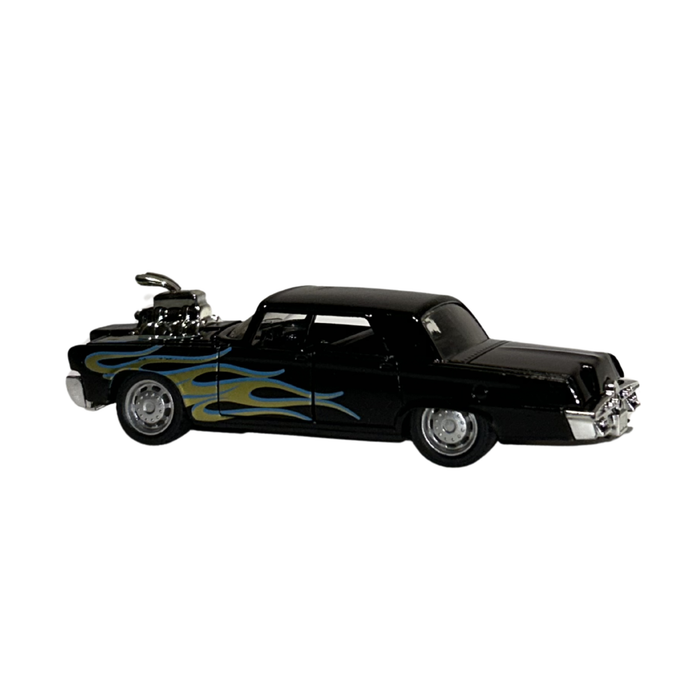 Black Hot Rod Diecast Car Model with Blue Flame Graphics – 1:32 Scale