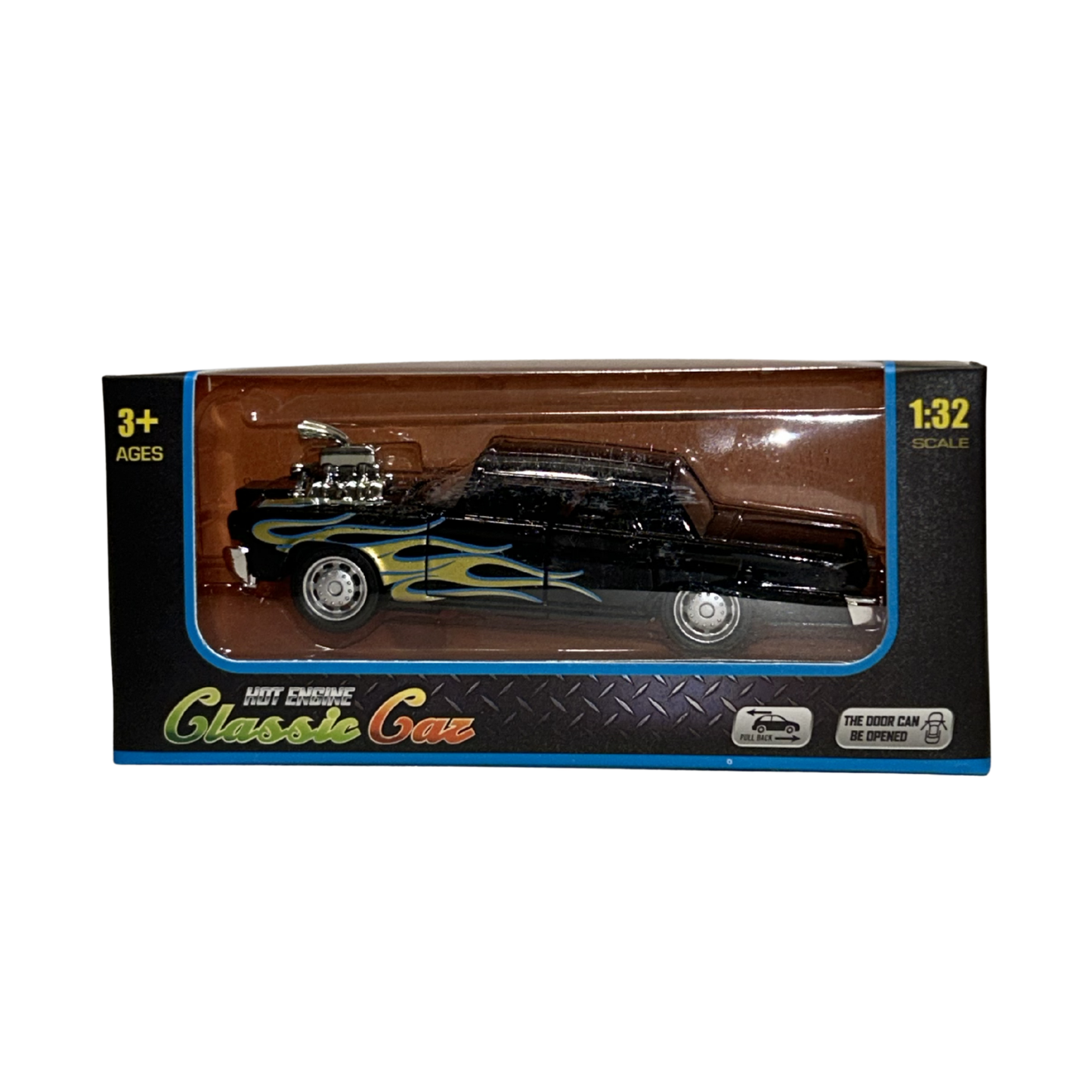 Black Hot Rod Diecast Car Model with Blue Flame Graphics – 1:32 Scale