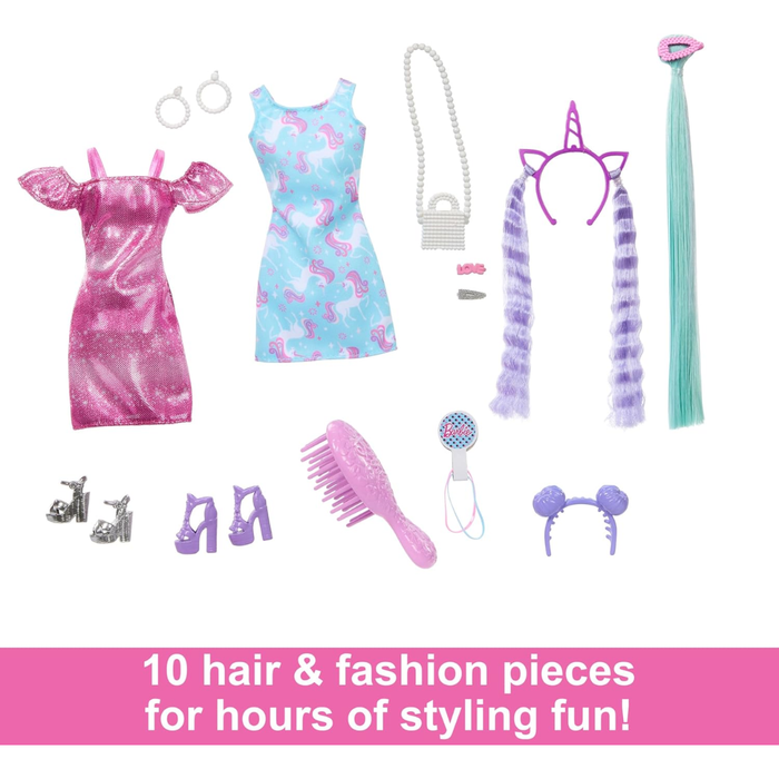 Barbie - JDC86 Fun & Fancy Hair Doll with Extra Long Colourful Black Hair and Shimmering Pink Dress, 10 Hairdressing and Fashion Game Accessories
