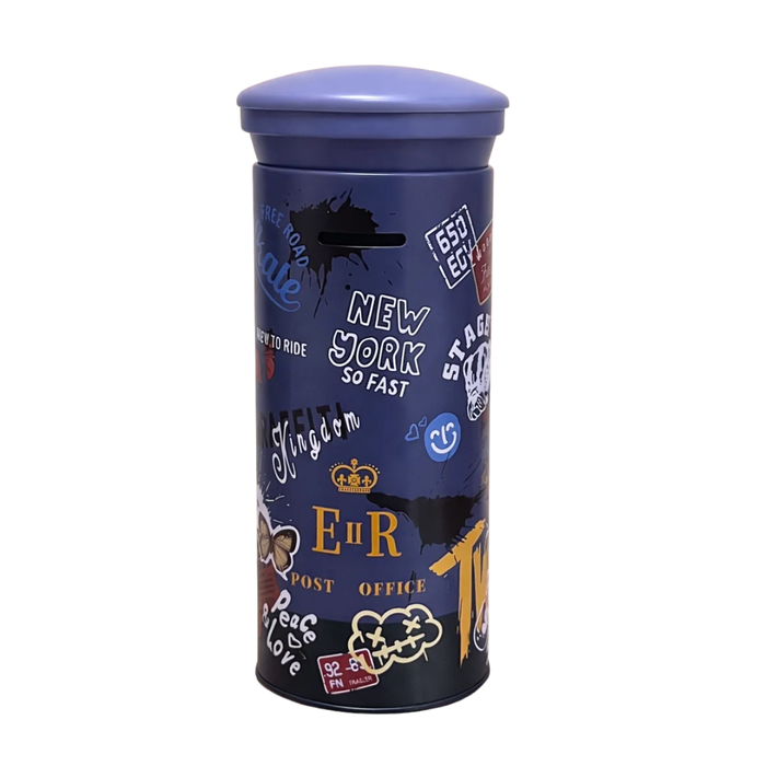 Urban Graffiti Metal Money Bank – Cylindrical Coin Saving Box with Slot Lid | Travel & Street Art Print Piggy Bank | Reusable Coin Storage for Kids, Teens & Adults