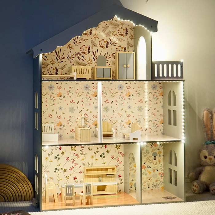 Floral Harmony Wooden Dollhouse Playset with LED Lights