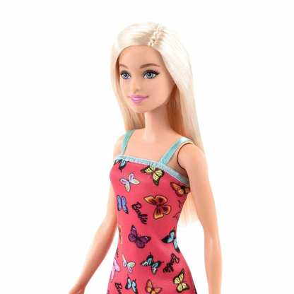 Barbie Doll (11.5 inches) with Colorful Butterfly Logo Print Red Dress & Strappy Heels, Great Gift for Ages 3 Years Old & Up