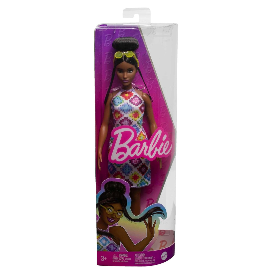 Barbie®️ Fashionistas™️ Doll #210 with Brown Hair in Bun, Wearing Colorful Crochet Halter Dress, Sunglasses and Sandals