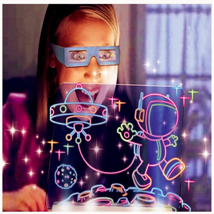 3D Magic Drawing Board – Illuminated Neon Art Pad with 3D Glasses & Markers for Kids