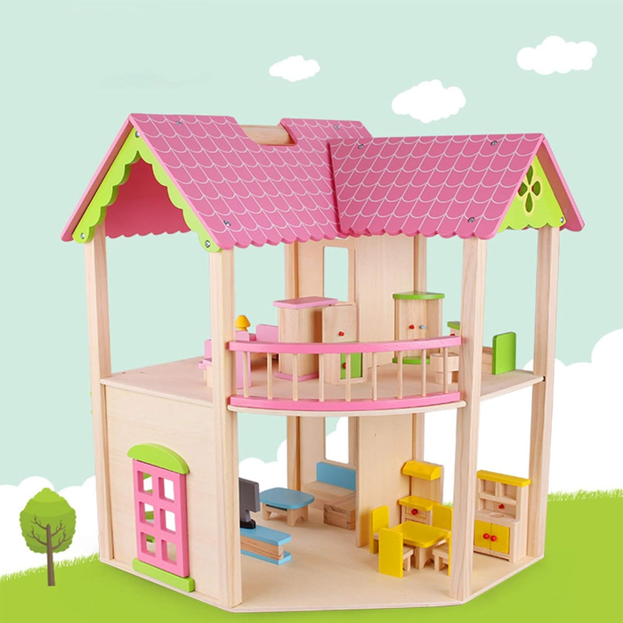 Doll House Rainbow Cottage Wooden Dollhouse Playset
