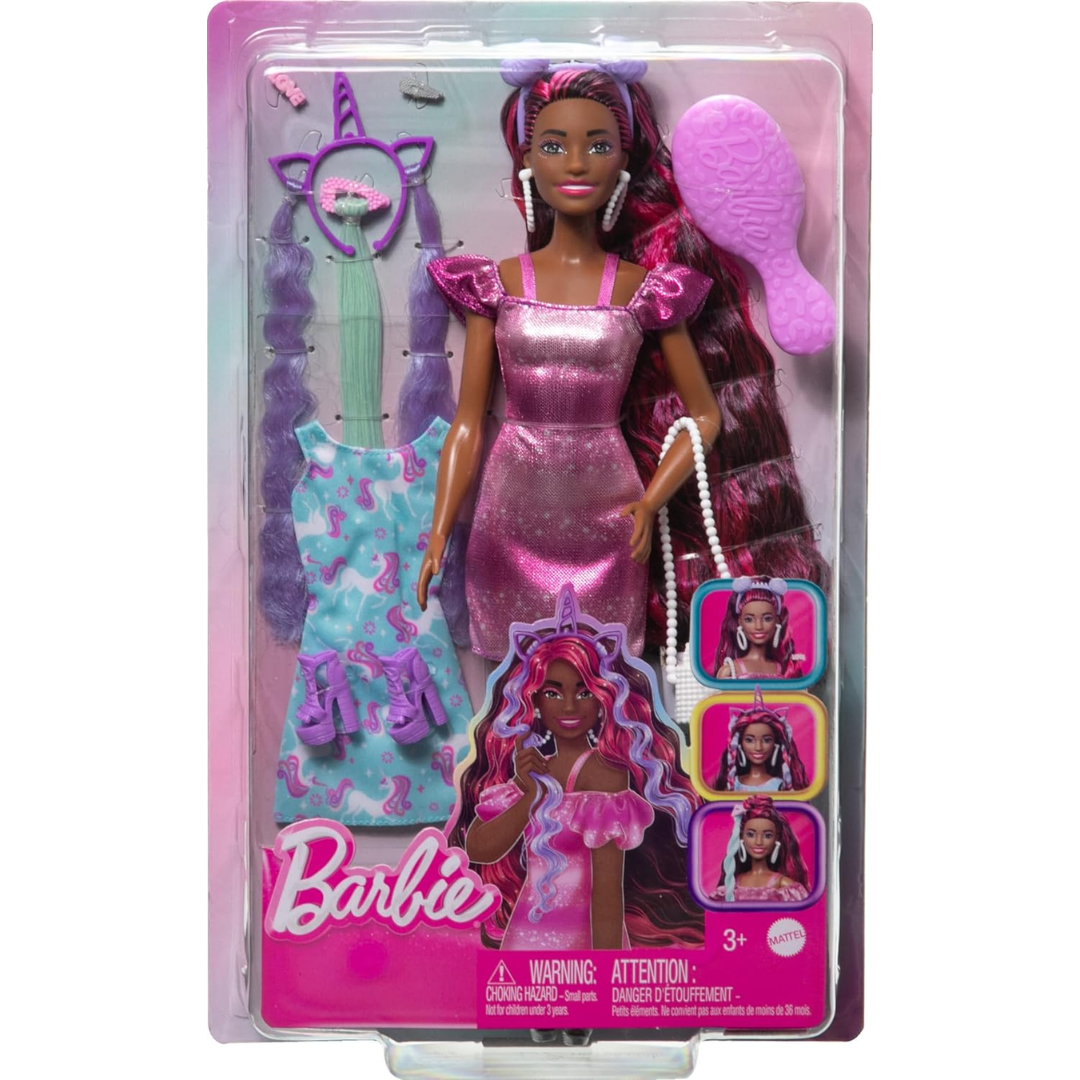 Barbie - JDC86 Fun & Fancy Hair Doll with Extra Long Colourful Black Hair and Shimmering Pink Dress, 10 Hairdressing and Fashion Game Accessories