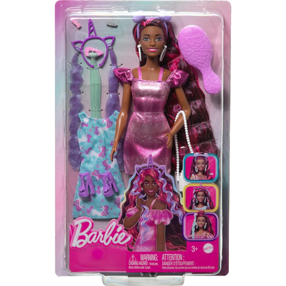 Barbie - JDC86 Fun & Fancy Hair Doll with Extra Long Colourful Black Hair and Shimmering Pink Dress, 10 Hairdressing and Fashion Game Accessories