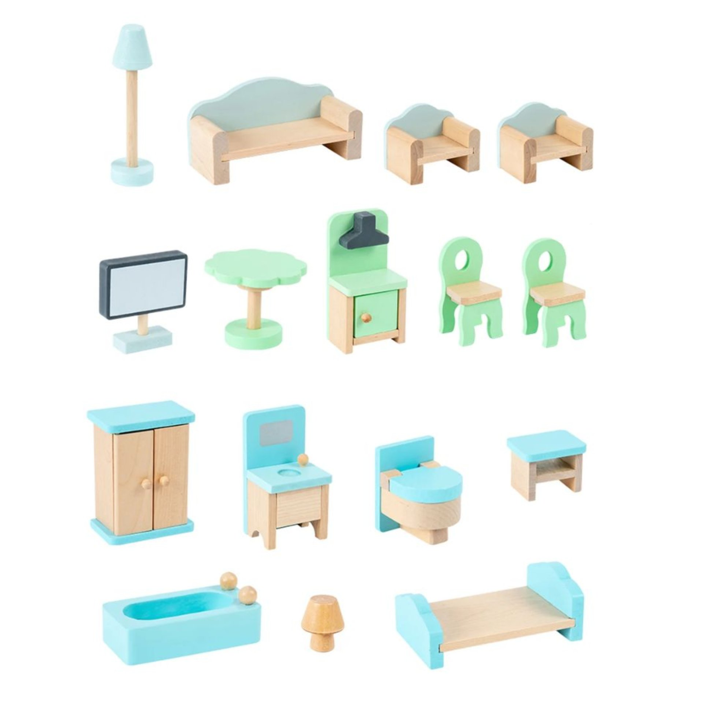 Doll House Blue Doll Room Wooden Dollhouse Playset