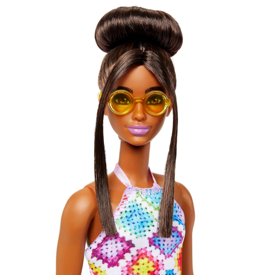Barbie®️ Fashionistas™️ Doll #210 with Brown Hair in Bun, Wearing Colorful Crochet Halter Dress, Sunglasses and Sandals