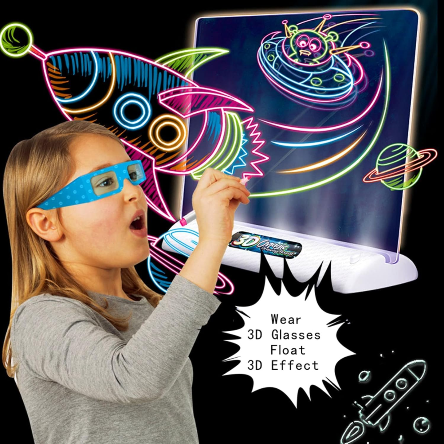 3D Magic Drawing Board – Illuminated Neon Art Pad with 3D Glasses & Markers for Kids