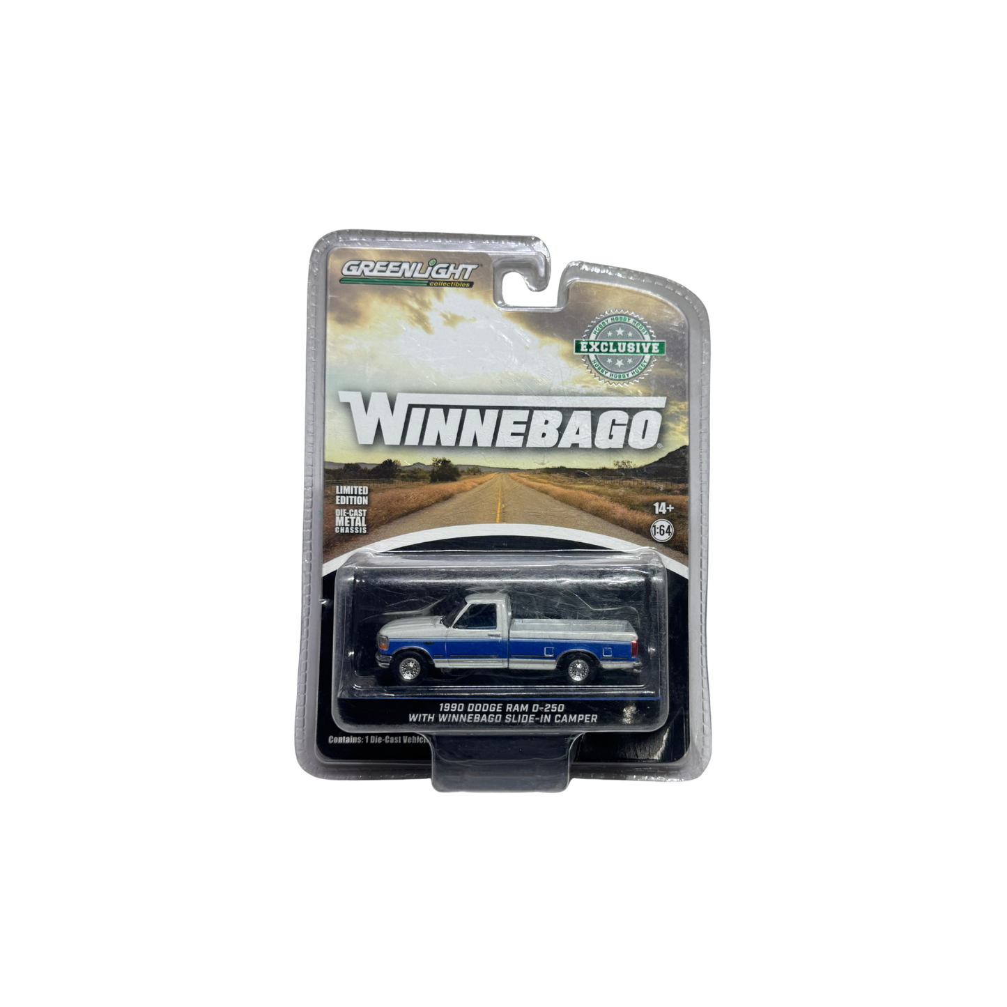 GreenLight Collectibles Winnebago Exclusive 1990 Dodge Ram D-250 with Winnebago Slide-In Camper 1:64 Diecast Model Truck
