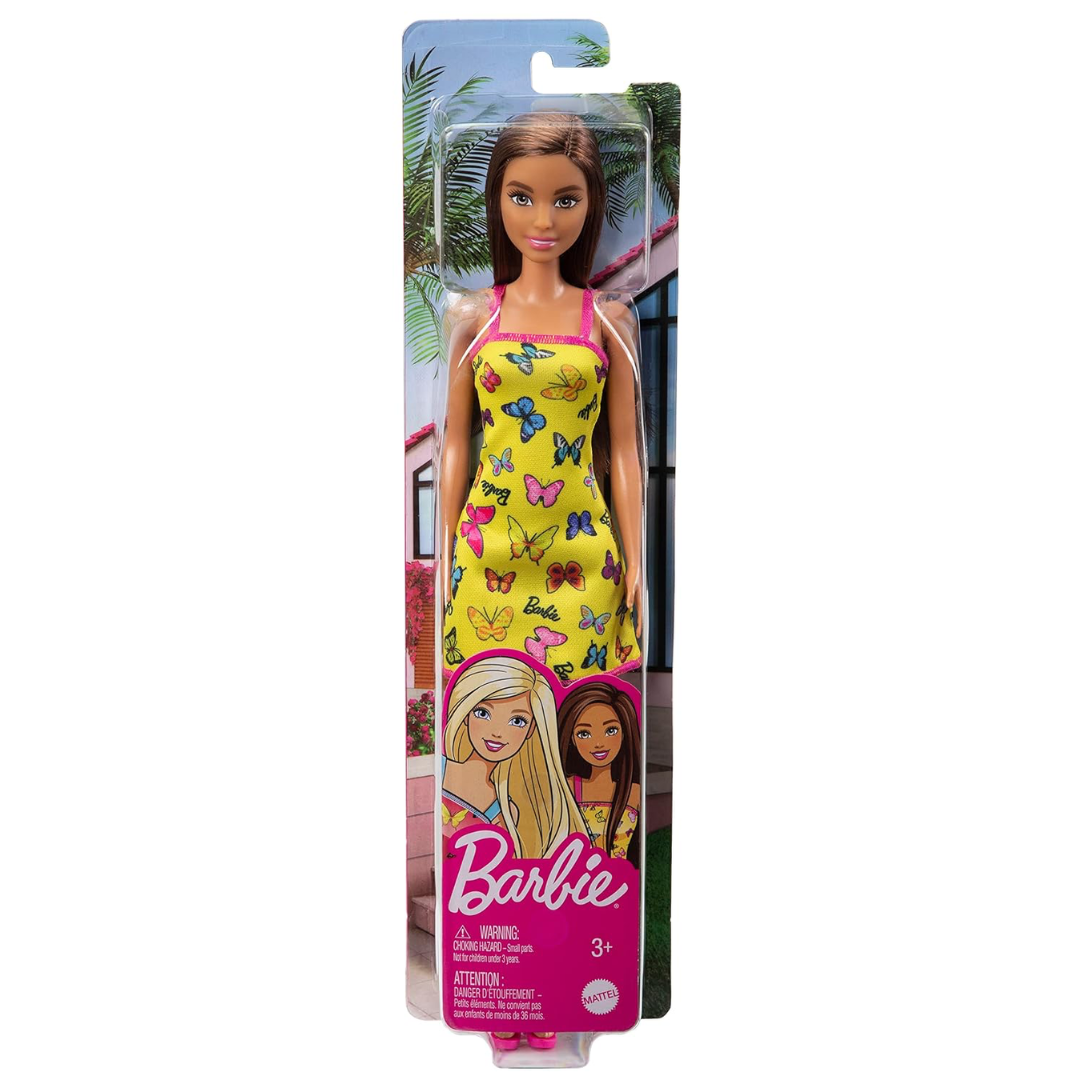 Barbie Doll (11.5 inches) with Colorful Butterfly Logo Print Dress & Strappy Heels, Great Gift for Ages 3 Years Old & Up