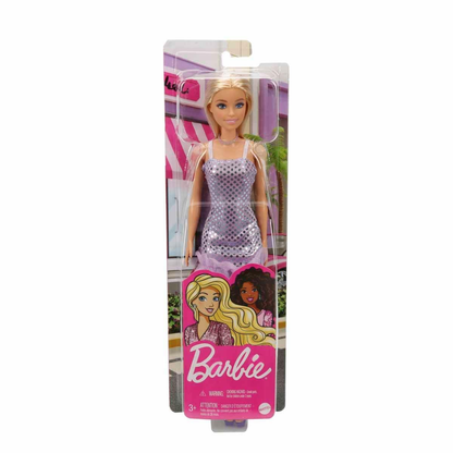 Barbie®️ Doll, Kids Toys, Blonde Hair, Lavender Metallic Mini Dress, Trendy Clothes and Accessories, Gifts for Kids