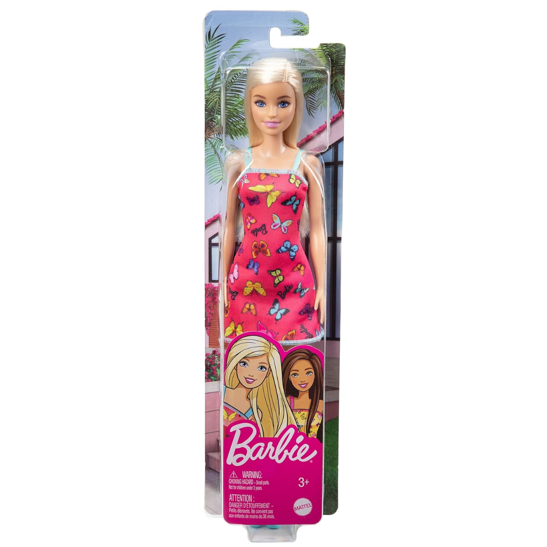 Barbie Doll (11.5 inches) with Colorful Butterfly Logo Print Red Dress & Strappy Heels, Great Gift for Ages 3 Years Old & Up