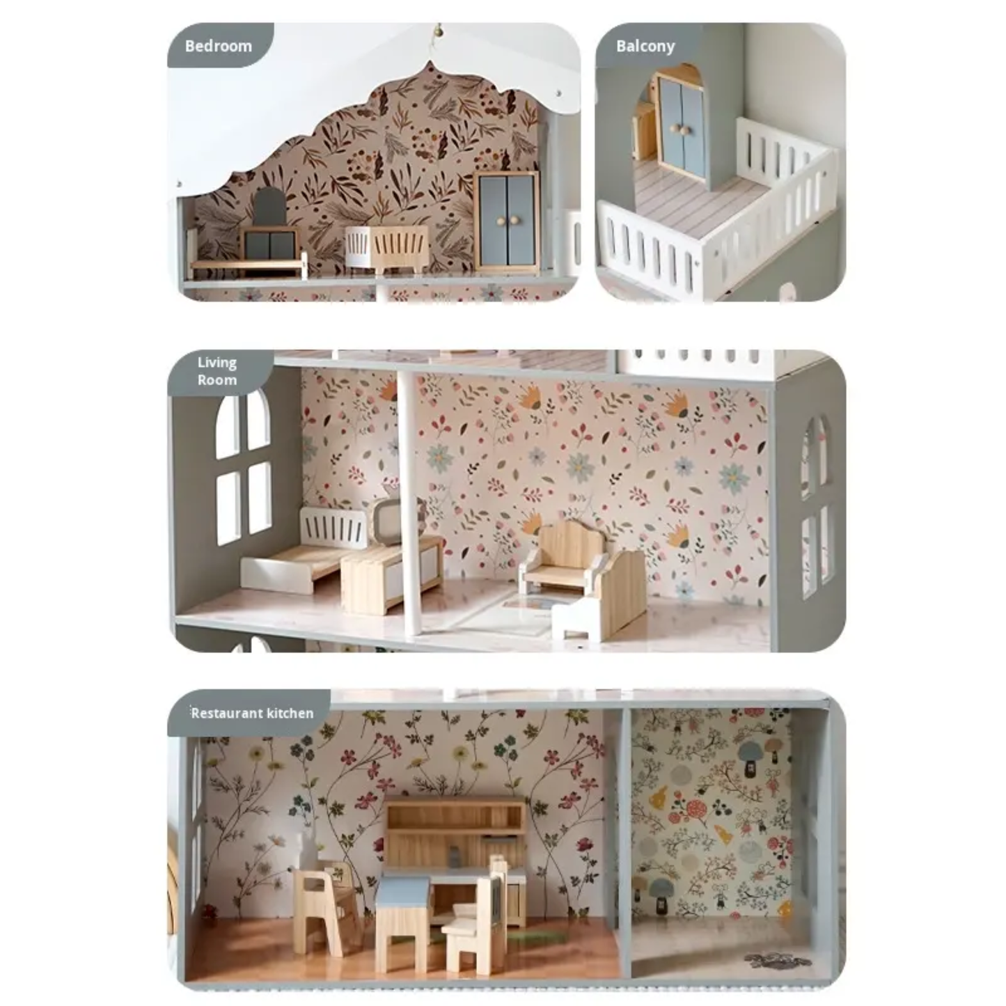 Floral Harmony Wooden Dollhouse Playset with LED Lights