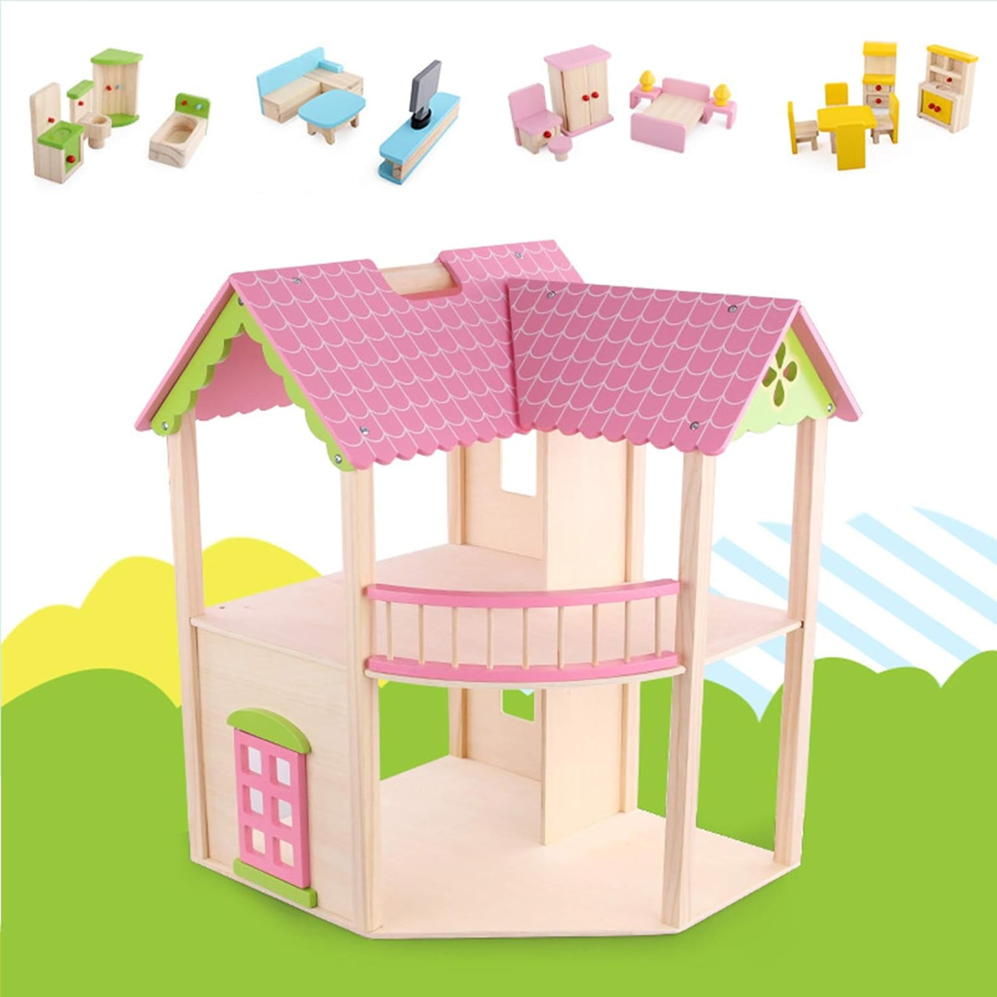 Doll House Rainbow Cottage Wooden Dollhouse Playset