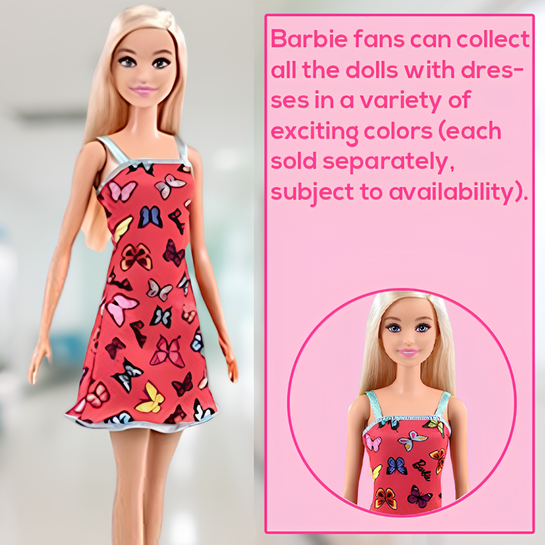 Barbie Doll (11.5 inches) with Colorful Butterfly Logo Print Red Dress & Strappy Heels, Great Gift for Ages 3 Years Old & Up