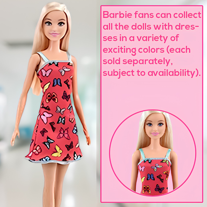 Barbie Doll (11.5 inches) with Colorful Butterfly Logo Print Red Dress & Strappy Heels, Great Gift for Ages 3 Years Old & Up