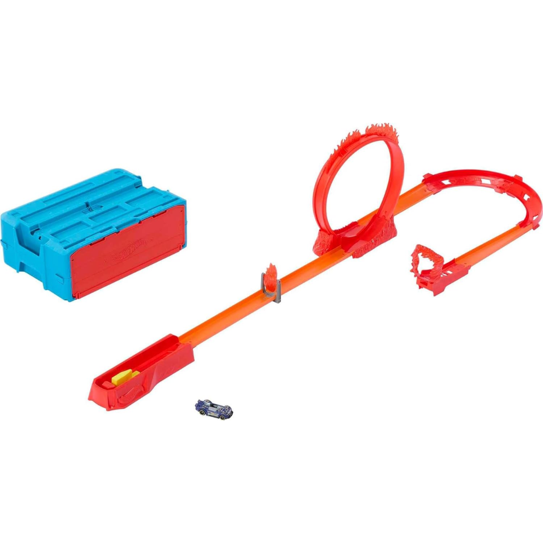 Hot Wheels®️ Flame Stunt Pack, Fire-Themed Track Set & 1 Hot Wheels®️ Car, 16 Track-Building and Stunting Components in Stackable Toy Storage Box