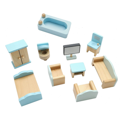 Doll House Blue Doll Room Wooden Dollhouse Playset