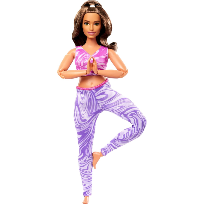 Barbie Made to Move Fashion Doll with Curvy Body & Brunette Hair Wearing Removable Pink Sports Top & Purple Yoga Pants, 22 Bendable “Joints”