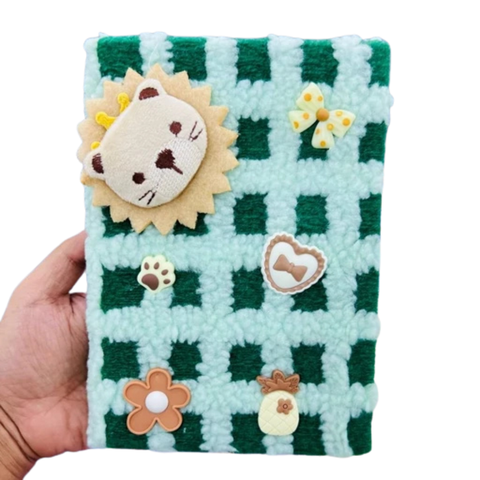 Cute Plush Sherpa Fur Dairy Notebook with 3D Cartoon Patch & Charms | Aesthetic Fluffy Plaid Journal for Girls, Kids & Gifting