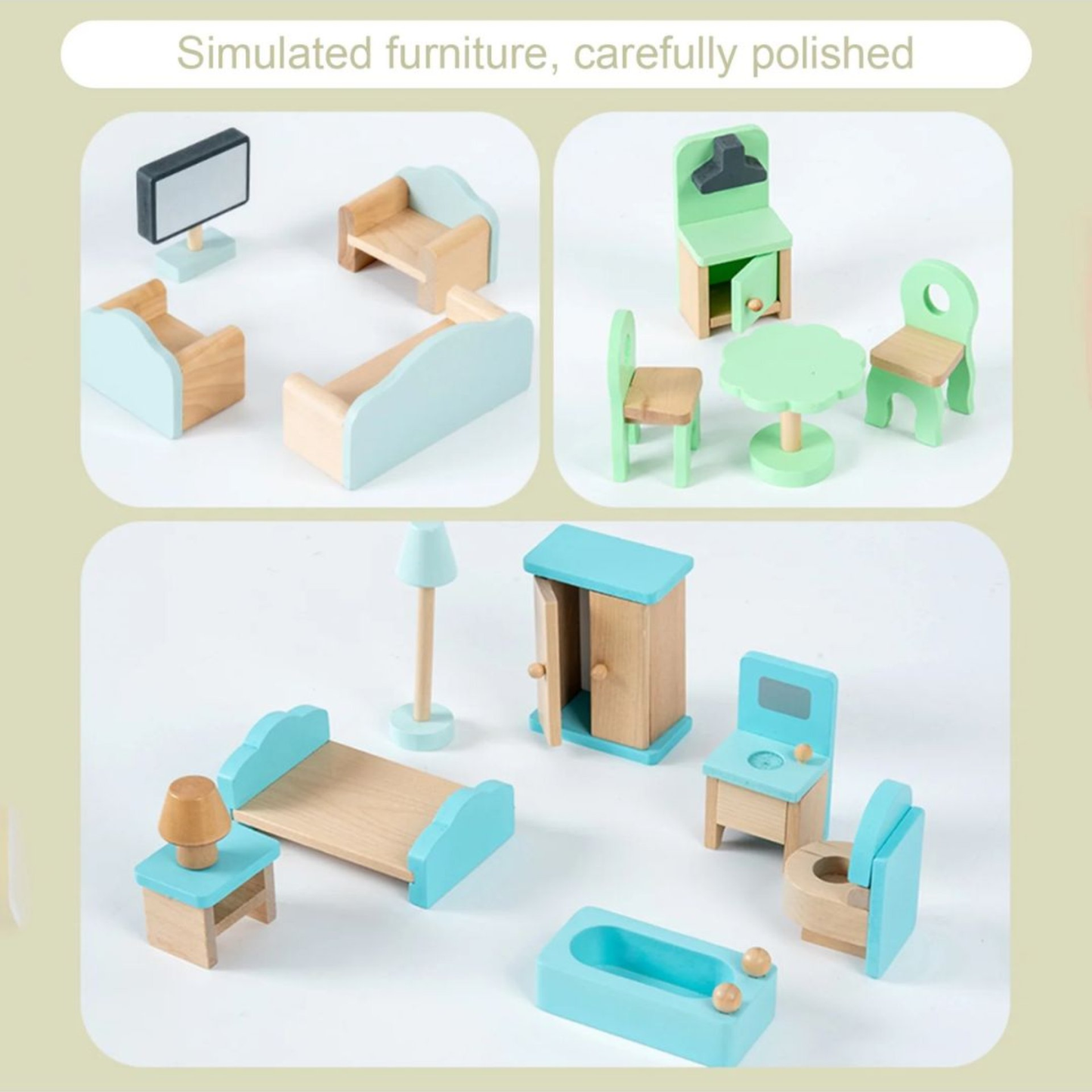 Doll House Blue Doll Room Wooden Dollhouse Playset