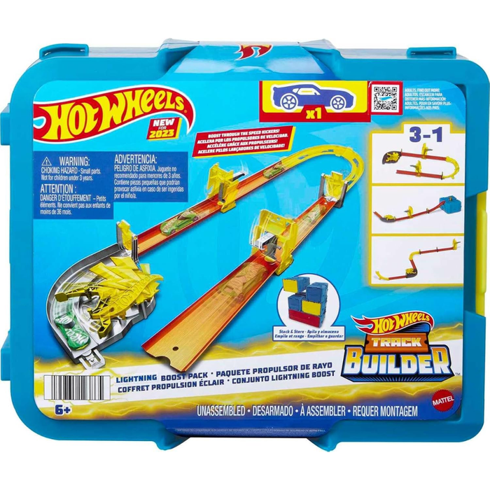 Hot Wheels®️Lightening Boost Pack, Track Set with 1 Hot Wheels®️ Car, 12 Track Boosting Components, Stackable Toy Storage Box, Lightning-Themed Track Builder Set
