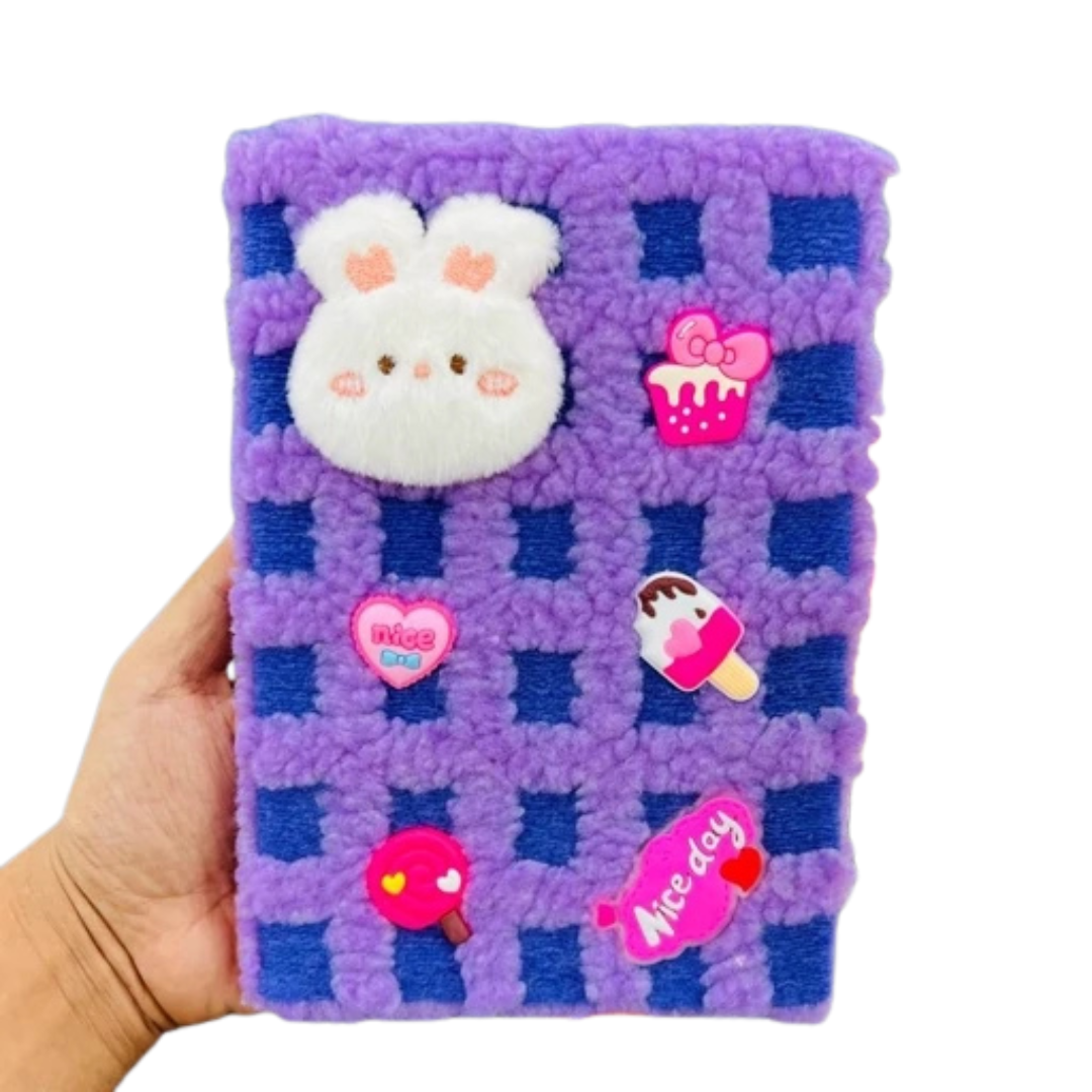 Cute Plush Sherpa Fur Dairy Notebook with 3D Cartoon Patch & Charms | Aesthetic Fluffy Plaid Journal for Girls, Kids & Gifting