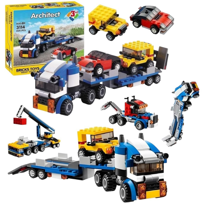 Architect 3 in 1 Jeep, Car & Truck Vehicle Toys | Transporter Building Brick Block for Kids | Stem Educational Learning Die Toys for Kids | Creative Construction Toy (264 Pcs)