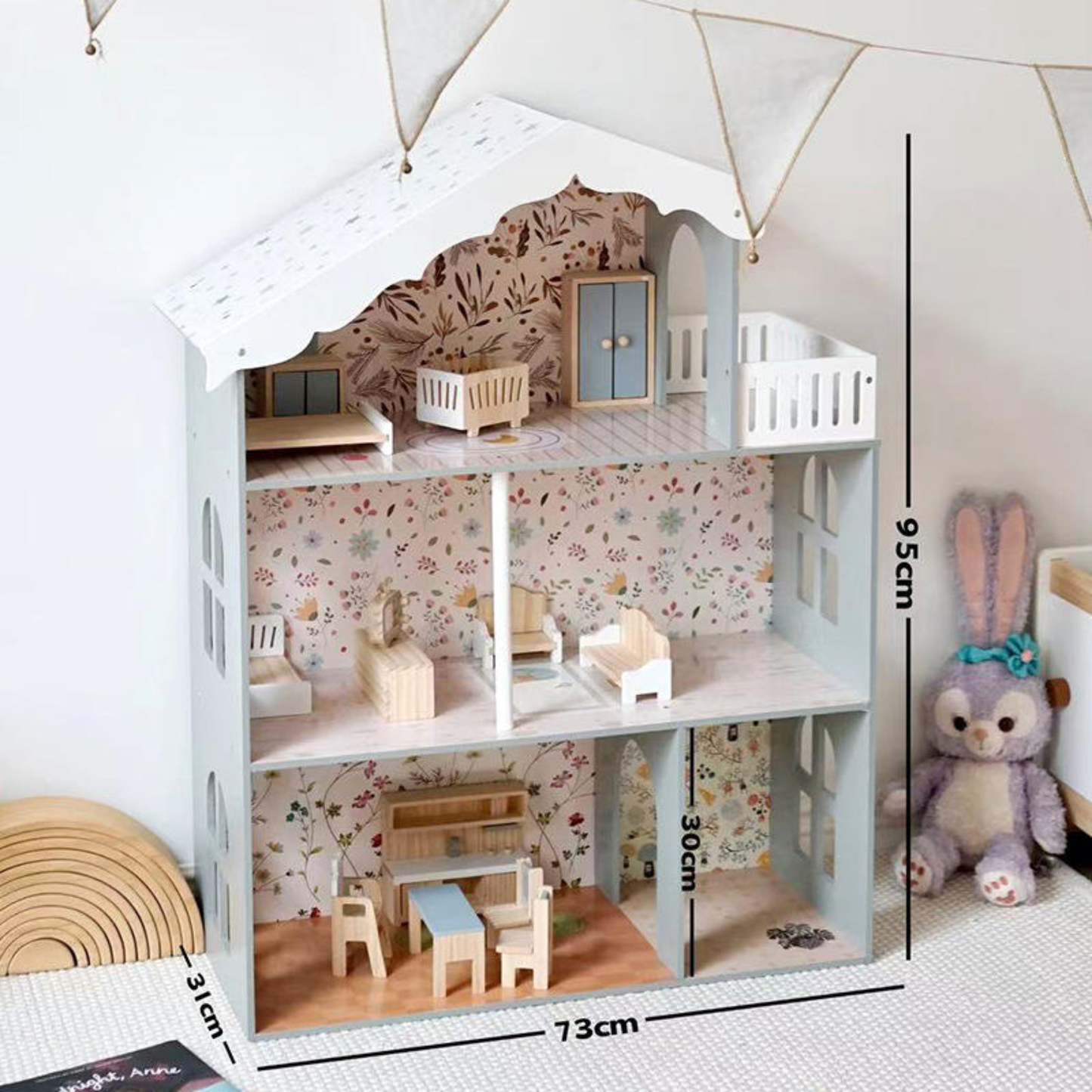 Floral Harmony Wooden Dollhouse Playset with LED Lights