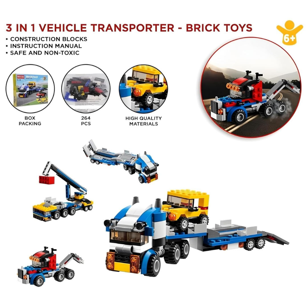 Architect 3 in 1 Jeep, Car & Truck Vehicle Toys | Transporter Building Brick Block for Kids | Stem Educational Learning Die Toys for Kids | Creative Construction Toy (264 Pcs)
