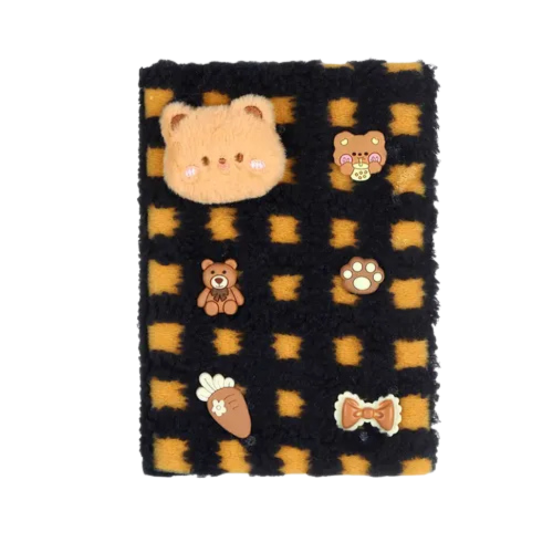 Cute Plush Sherpa Fur Dairy Notebook with 3D Cartoon Patch & Charms | Aesthetic Fluffy Plaid Journal for Girls, Kids & Gifting