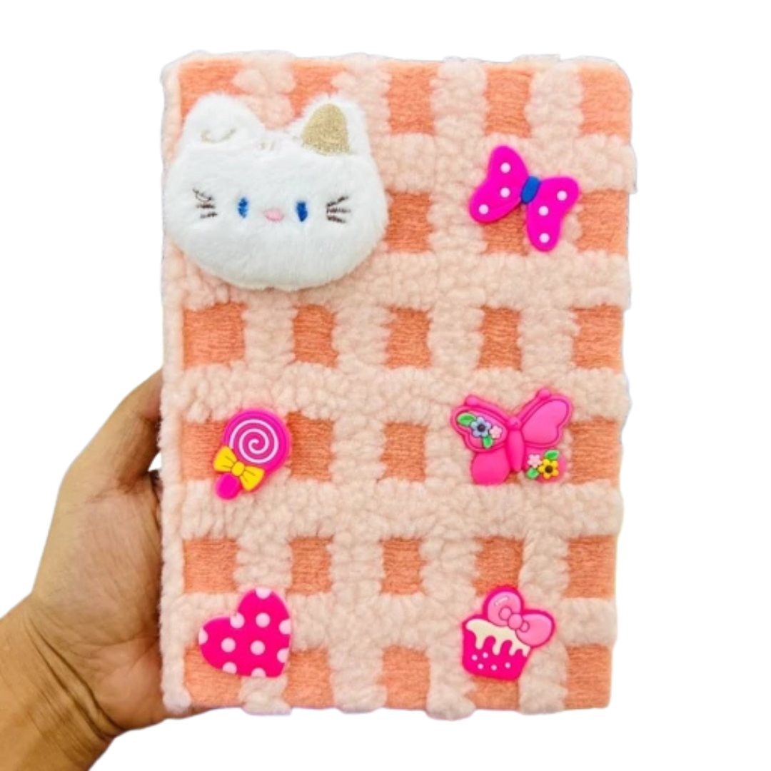 Cute Plush Sherpa Fur Dairy Notebook with 3D Cartoon Patch & Charms | Aesthetic Fluffy Plaid Journal for Girls, Kids & Gifting