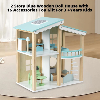 Doll House Blue Doll Room Wooden Dollhouse Playset