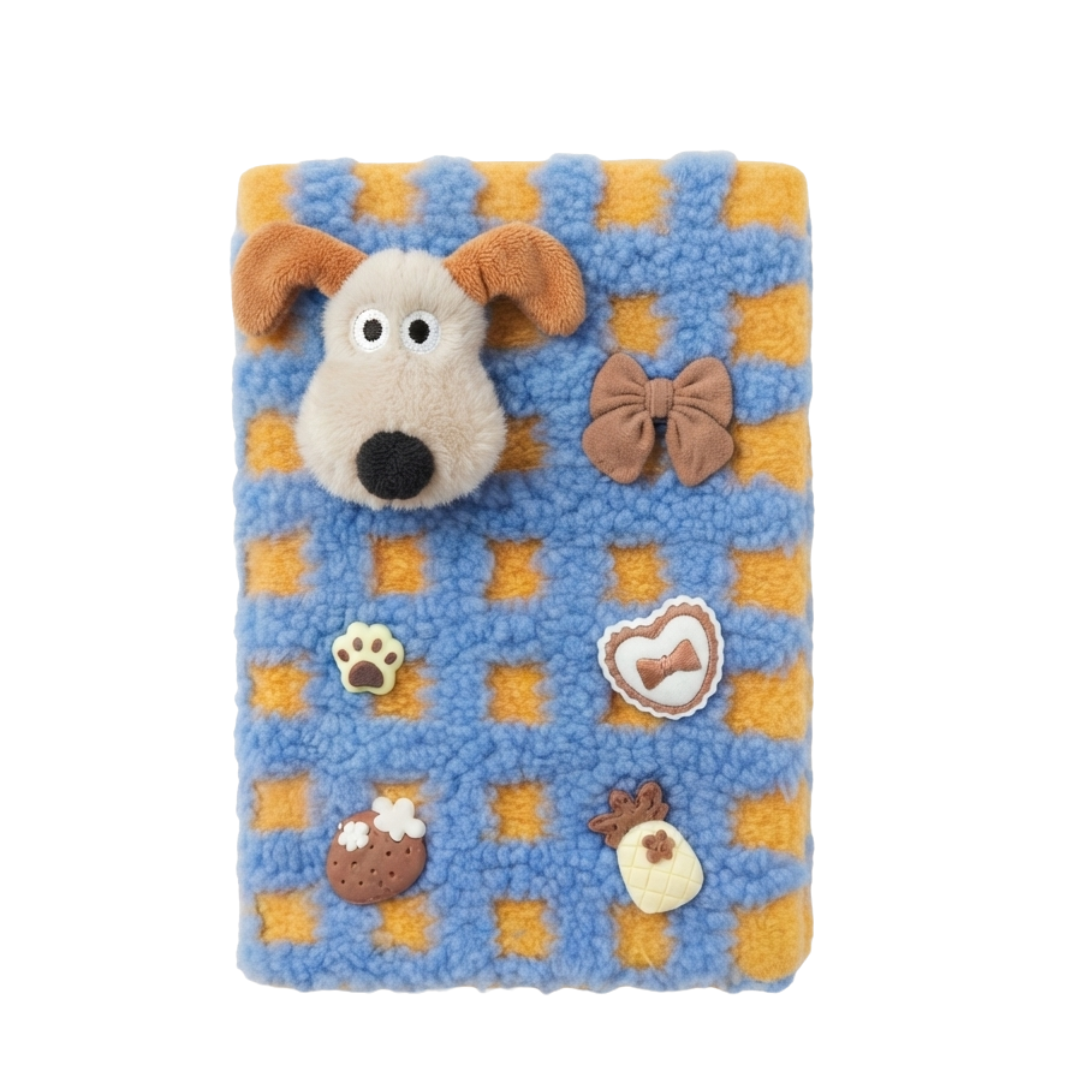Cute Plush Sherpa Fur Dairy Notebook with 3D Cartoon Patch & Charms | Aesthetic Fluffy Plaid Journal for Girls, Kids & Gifting