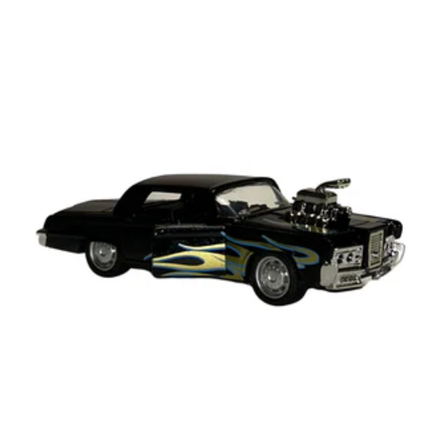 Black Hot Rod Diecast Car Model with Blue Flame Graphics – 1:32 Scale