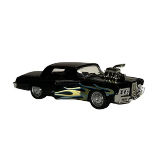 Black Hot Rod Diecast Car Model with Blue Flame Graphics – 1:32 Scale