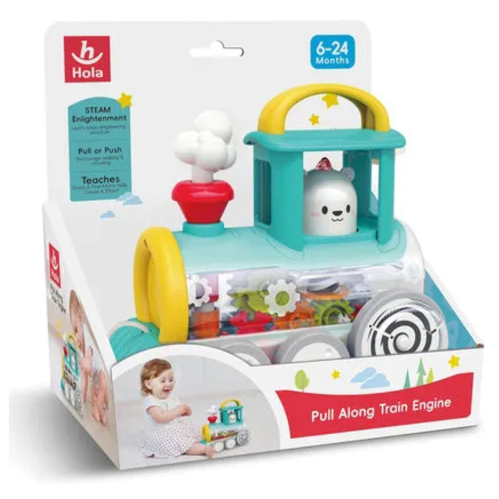 Hola Pull Along Train Engine Toy – Musical Educational Pull Toy with Moving Gears for Babies (6–24 Months)